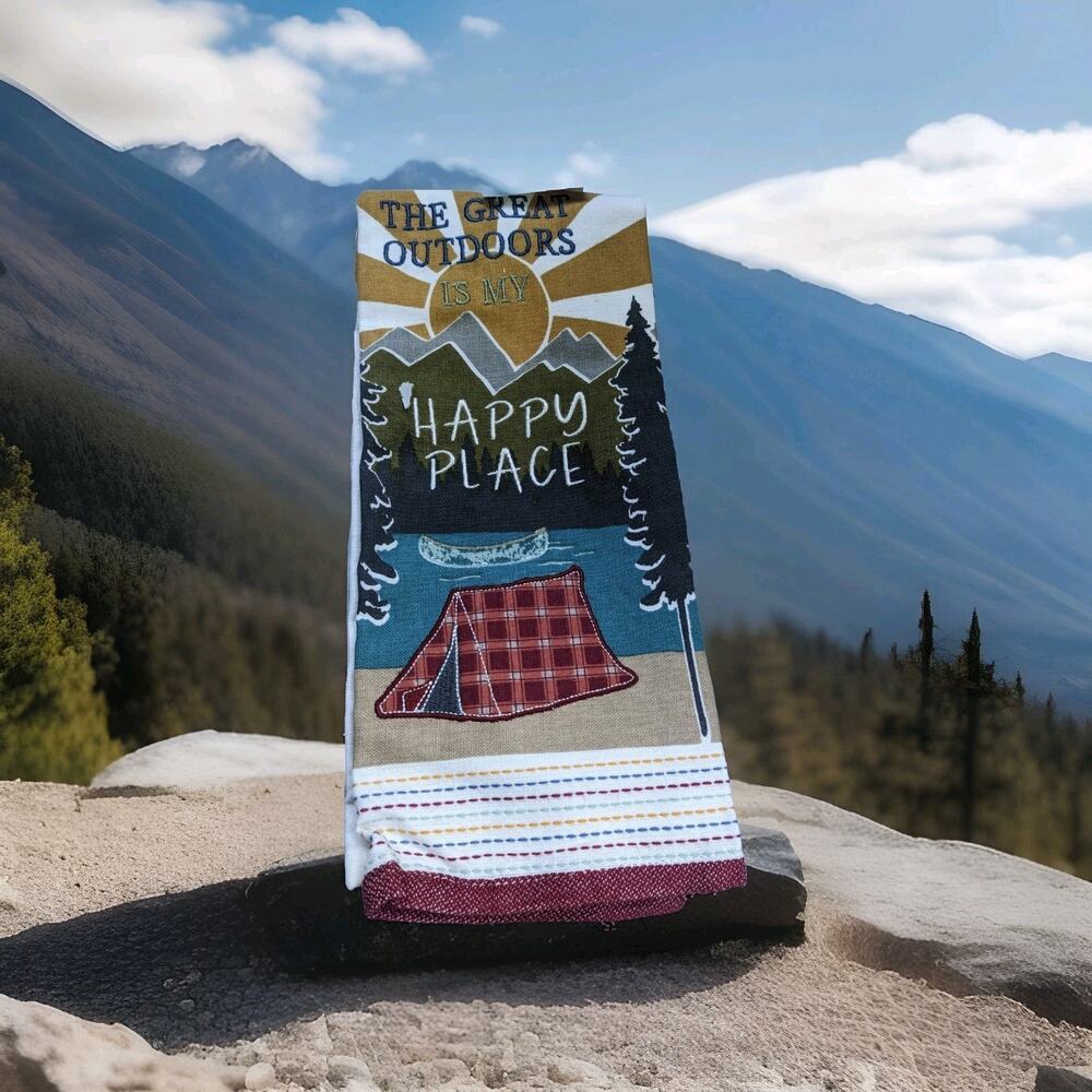 RUSTIC TOWEL THE GREAT OUTDOORS IS MY HAPPY PLACE Kitchen Dish Embroidery